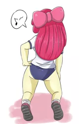 Size: 1821x2853 | Tagged: safe, artist:sumin6301, derpibooru import, apple bloom, equestria girls, apple bloom's bow, ass, away from viewer, bloom butt, bow, butt, clothes, female, hair bow, legs, music notes, shirt, shoes, simple background, socks, solo, white background
