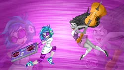 Size: 1192x670 | Tagged: safe, artist:cutydina, derpibooru import, octavia melody, vinyl scratch, equestria girls, slice of life (episode), cello, clothes, duo, equestria girls interpretation, faic, female, headphones, insertavia, leggings, legs, mary janes, miniskirt, musical instrument, scene interpretation, shoes, skirt, sneakers, socks, sunglasses, thighs, turntable