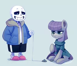 Size: 5648x4856 | Tagged: safe, artist:taneysha, derpibooru import, boulder (pet), maud pie, earth pony, pony, absurd resolution, blue background, bone, clothes, crossover, female, hoodie, male, mare, pet rock, raised hoof, sans (undertale), shirt, shorts, signature, simple background, skeleton, slippers, socks, undertale