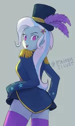 Size: 600x1003 | Tagged: safe, artist:raikoh, derpibooru import, trixie, equestria girls, equestria girls series, street magic with trixie, spoiler:eqg series (season 2), barrette, clothes, costume, cute, diatrixes, dress, epaulettes, female, gray background, hair accessory, hairclip, hairpin, hat, looking at you, looking back, looking back at you, magician outfit, microskirt, minidress, miniskirt, no pupils, raised eyebrow, simple background, skirt, skirt lift, smiling, socks, solo, teasing, thigh highs, top hat, zettai ryouiki