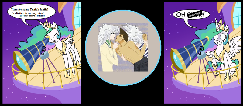 Size: 1000x438 | Tagged: comic, derpibooru import, exploitable meme, fanfic, gay, male, meme, princess celestia, ryo bakura, suggestive, telescope meme, tristan taylor, yu-gi-oh!