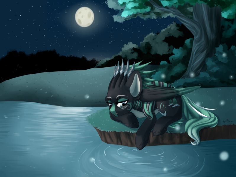 Size: 2012x1512 | Tagged: safe, artist:senpai, derpibooru import, oc, oc:alpine apotheon, unofficial characters only, firefly (insect), insect, pegasus, pony, commission, female, full moon, lidded eyes, mare, moon, night, prone, solo, stars, water, ych result