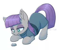 Size: 1200x1010 | Tagged: safe, artist:puetsua, derpibooru import, boulder (pet), maud pie, earth pony, pony, cheek fluff, clothes, colored pupils, cute, ear fluff, female, leg fluff, lidded eyes, looking down, mare, maudabetes, signature, simple background, solo, white background