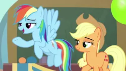 Size: 1280x720 | Tagged: safe, derpibooru import, screencap, applejack, rainbow dash, earth pony, pegasus, pony, teacher of the month (episode), spoiler:interseason shorts, chalkboard