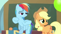 Size: 1280x720 | Tagged: safe, derpibooru import, screencap, applejack, rainbow dash, earth pony, pegasus, pony, teacher of the month (episode), spoiler:interseason shorts, chalkboard