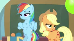 Size: 1280x720 | Tagged: safe, derpibooru import, screencap, applejack, rainbow dash, earth pony, pegasus, pony, teacher of the month (episode), spoiler:interseason shorts, chalkboard