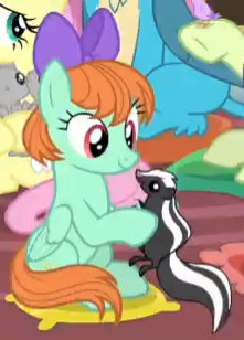Size: 221x308 | Tagged: safe, derpibooru import, screencap, peppermint goldylinks, pegasus, pony, skunk, teacher of the month (episode), spoiler:interseason shorts, animal, background pony, bow, cropped, cute, female, friendship student, hair bow, mare, peppermint adoralinks, sitting, smiling, solo focus