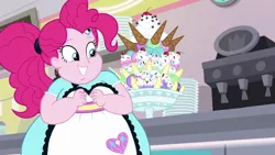 Size: 1024x576 | Tagged: suggestive, artist:jamesawilliams1996, derpibooru import, edit, edited screencap, screencap, pinkie pie, series:twilight and pinkie's weight problems, equestria girls, equestria girls series, pinkie pie: snack psychic, apron, banana, bbw, belly, big belly, big breasts, breasts, cherry, chubbie pie, clothes, cute, diapinkes, double chin, excited, fat, fat edit, food, happy, huge belly, ice cream, ice cream cone, obese, piggy pie, plates, pudgy pie, server pinkie pie, sweet snacks cafe, waitress
