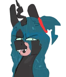 Size: 681x791 | Tagged: safe, artist:rudy, derpibooru import, queen chrysalis, changeling, changeling queen, >:|, bust, colored sketch, eye clipping through hair, eyebrows, fangs, female, hairband, looking at you, ponytail, portrait, round ears, simple background, sketch, slit pupils, solo, teeth, tongue out, transparent background