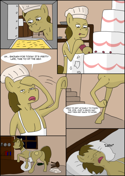 Size: 2480x3508 | Tagged: safe, derpibooru import, oc, oc:chocolate chips, unofficial characters only, pony, comic:heart of creation, apron, baking, bed, cake, chef's hat, clothes, comic, food, hat, oven, sleeping, solo