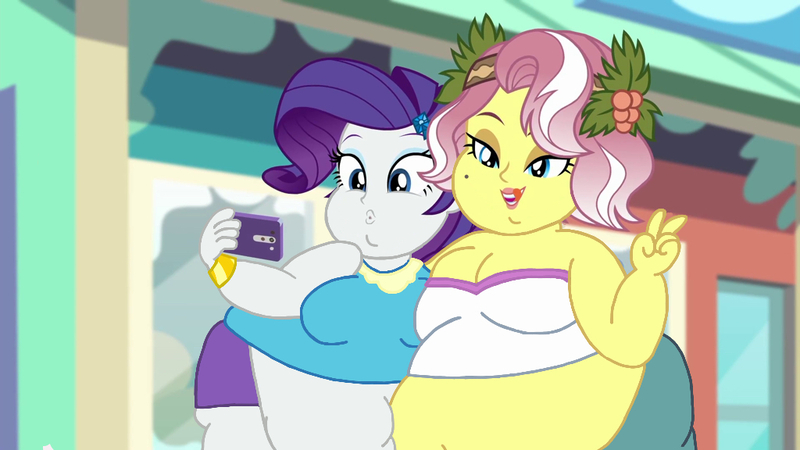 Size: 1024x576 | Tagged: suggestive, artist:jamesawilliams1996, derpibooru import, edit, edited screencap, screencap, rarity, vignette valencia, series:rarity's flabulous life, equestria girls, equestria girls series, rollercoaster of friendship, bbw, beauty mark, belly, belly button, big belly, big breasts, breasts, busty rarity, busty vignette valencia, double chin, duckface, duo, duo female, fat, fat edit, female, obese, peace sign, phone, raritubby, selfie, squishy, tongue out