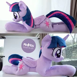 Size: 1080x1080 | Tagged: safe, artist:meplushyou, derpibooru import, twilight sparkle, twilight sparkle (alicorn), alicorn, pony, female, irl, life size, mare, photo, plushie, prone, smiling, solo, watermark