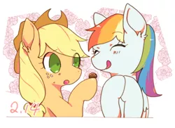 Size: 846x615 | Tagged: safe, artist:sa-eku, derpibooru import, applejack, rainbow dash, earth pony, pegasus, pony, appledash, applejack's hat, cowboy hat, eyes closed, female, freckles, hat, holiday, lesbian, mare, open mouth, shipping, tongue out, valentine's day