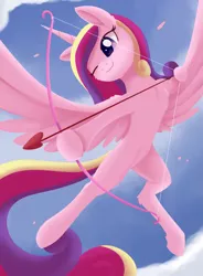 Size: 1825x2481 | Tagged: safe, artist:dusthiel, derpibooru import, princess cadance, alicorn, pony, arrow, bow (weapon), cloud, cupid, cupidance, cute, cutedance, female, flying, heart, hoof hold, mare, one eye closed, princess of love, sky, solo, wings