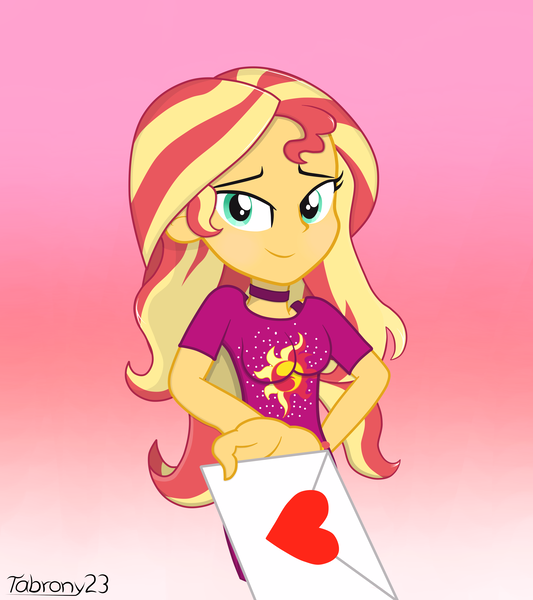 Size: 4000x4500 | Tagged: safe, artist:tabrony23, derpibooru import, sunset shimmer, human, equestria girls, equestria girls series, spoiler:eqg series (season 2), gradient background, heart, holiday, looking at you, mail, offscreen character, pov, smiling, solo, valentine's day