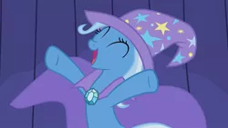 Size: 1280x720 | Tagged: safe, derpibooru import, screencap, trixie, pony, unicorn, boast busters, cape, clothes, cute, diatrixes, eyes closed, female, hat, mare, open mouth, smiling, solo, trixie's cape, trixie's hat