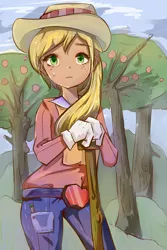 Size: 1000x1497 | Tagged: safe, artist:班迪特, derpibooru import, applejack, human, apple, apple tree, belt, clothes, cute, female, gloves, humanized, jackabetes, jeans, pants, pixiv, solo, tree