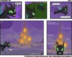 Size: 13800x10817 | Tagged: absurd resolution, artist:frownfactory, blood, changeling, changeling hive, changeling oc, comic, comic:a changeling's tale, dead, derpibooru import, fire, green blood, green changeling, horn, injured, night, oc, oc:trophus, semi-grimdark, simple background, solo, text, transparent background, unofficial characters only, vector, wings