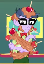 Size: 618x890 | Tagged: safe, derpibooru import, screencap, microchips, equestria girls, equestria girls series, rollercoaster of friendship, apple, caramel apple (food), clothes, cropped, food, glasses, male