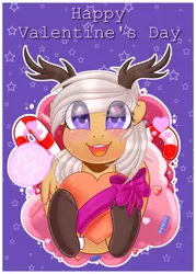 Size: 775x1080 | Tagged: safe, artist:auroracursed, derpibooru import, oc, oc:antler pone, unofficial characters only, pony, antlers, blushing, digital art, holding heart, holiday, solo, valentine's day