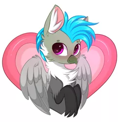 Size: 2598x2680 | Tagged: safe, artist:pesty_skillengton, derpibooru import, oc, oc:fluffy (the griffon), unofficial characters only, gryphon, blushing, commission, cute, griffon oc, heart, male, solo, spread wings, wings, ych result