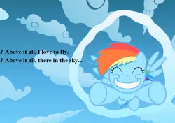 Size: 918x648 | Tagged: safe, derpibooru import, edit, edited screencap, screencap, rainbow dash, sonic rainboom (episode), above it all (sesame street), cropped, cute, dashabetes, female, filly, filly rainbow dash, flight camp, lyrics, sesame street, song reference, text, younger