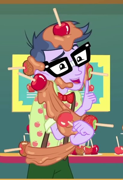 Size: 639x937 | Tagged: safe, derpibooru import, screencap, microchips, equestria girls, equestria girls series, rollercoaster of friendship, apple, caramel apple (food), clothes, cropped, food, glasses