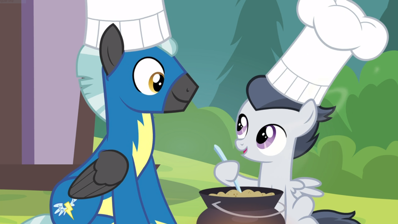 Size: 1665x937 | Tagged: safe, derpibooru import, screencap, rumble, thunderlane, pegasus, pony, marks and recreation, brothers, chef's hat, clothes, colt, cooking, duo, foal, hat, looking at each other, male, open mouth, pot, siblings, sitting, smiling, stallion, uniform, wonderbolts uniform