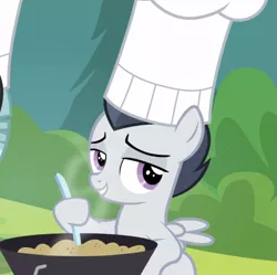 Size: 941x936 | Tagged: safe, derpibooru import, screencap, rumble, pony, marks and recreation, chef's hat, colt, cooking, cropped, hat, lidded eyes, male, pot, sitting, smiling, smug