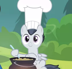 Size: 958x908 | Tagged: safe, derpibooru import, screencap, rumble, pegasus, pony, marks and recreation, chef's hat, colt, cooking, cropped, cute, hat, male, pot, sitting, smiling