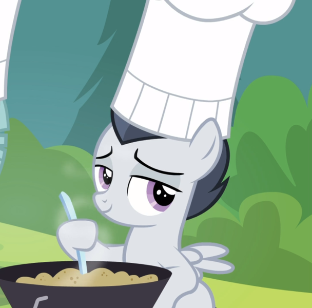 Size: 950x937 | Tagged: safe, derpibooru import, screencap, rumble, pegasus, pony, marks and recreation, chef's hat, colt, cooking, cropped, hat, lidded eyes, male, sitting, smiling, smug