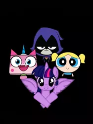 Size: 1800x2400 | Tagged: safe, artist:totodile007, derpibooru import, twilight sparkle, twilight sparkle (alicorn), alicorn, pony, black background, bohemian rhapsody, bubbles (powerpuff girls), crossover, lego, queen, raven (teen titans), simple background, tara strong, the lego movie, unikitty, unikitty! (tv series), voice actor joke