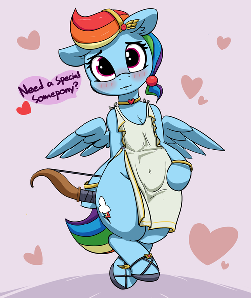 Size: 2524x3000 | Tagged: safe, artist:pabbley, derpibooru import, rainbow dash, pony, abstract background, bipedal, blushing, bow, bow (weapon), bracelet, bronybait, choker, cupid, cute, dashabetes, dialogue, eros, female, heart, hearts and hooves day, holiday, jewelry, looking at you, solo, speech bubble, talking to viewer, valentine's day, wide hips