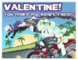 Size: 900x695 | Tagged: safe, artist:pixelkitties, derpibooru import, rolling thunder, vapor trail, pegasus, pony, the washouts (episode), bomber jacket, clothes, duo, female, flying, goggles, holiday, jacket, looking at each other, mare, motorcycle, spread wings, valentine, valentine's day, wings