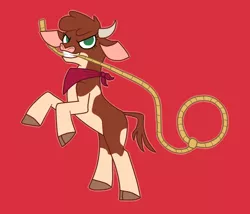 Size: 700x600 | Tagged: arizona cow, artist:machacapigeon, bandana, cloven hooves, colored hooves, community related, cow, derpibooru import, female, lasso, mouth hold, neckerchief, no pupils, red background, rope, safe, simple background, solo, them's fightin' herds