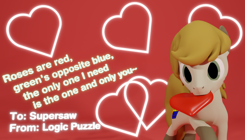 Size: 2100x1200 | Tagged: safe, artist:deloreandudetommy, derpibooru import, oc, oc:logic puzzle, unofficial characters only, earth pony, pony, 3d, blender, caption, heart, holiday, mouth hold, rubik's cube, text, valentine's day, valentine's day card