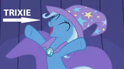 Size: 1280x720 | Tagged: safe, derpibooru import, edit, edited screencap, screencap, trixie, pony, boast busters, captain obvious, caption arrow, truth, you don't say