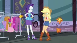 Size: 1920x1080 | Tagged: safe, derpibooru import, screencap, applejack, rarity, equestria girls, equestria girls series, street chic, spoiler:eqg series (season 2), clothes, clothes rack, cold, freezing, leaves, shivering, sleeveless, smiling, smirk, tanktop