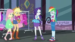 Size: 1920x1080 | Tagged: safe, derpibooru import, screencap, applejack, fluttershy, rainbow dash, rarity, equestria girls, equestria girls series, street chic, spoiler:eqg series (season 2), applejack's hat, bare shoulders, boots, bracelet, clothes, clothes rack, cold, converse, cowboy boots, cowboy hat, denim shorts, dress, female, freezing, geode of fauna, geode of shielding, geode of super speed, geode of super strength, hat, high heels, jewelry, magical geodes, pants, shivering, shoes, shorts, skirt, sleeveless, sneakers, stetson, strapless, tanktop