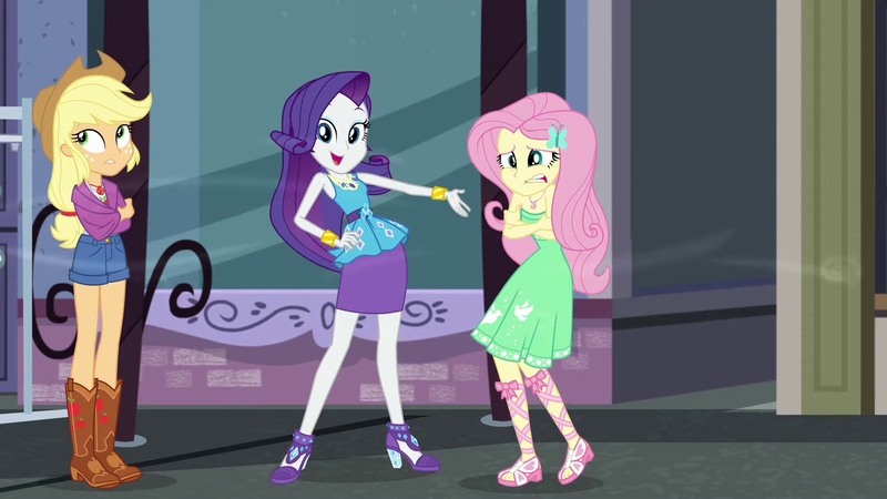 Size: 1920x1080 | Tagged: safe, derpibooru import, screencap, applejack, fluttershy, rarity, equestria girls, equestria girls series, street chic, spoiler:eqg series (season 2), bare shoulders, geode of fauna, geode of shielding, geode of super strength, magical geodes, sleeveless, strapless