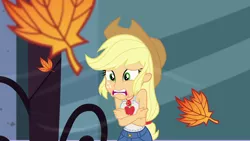 Size: 1920x1080 | Tagged: safe, derpibooru import, screencap, applejack, equestria girls, equestria girls series, street chic, spoiler:eqg series (season 2), applejack's hat, autumn leaves, chattering teeth, clothes, cold, cowboy hat, freezing, geode of super strength, hat, leaf, leaves, magical geodes, shivering, sleeveless, tanktop