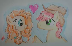 Size: 1170x755 | Tagged: safe, artist:prinrue, derpibooru import, bright mac, pear butter, earth pony, pony, the perfect pear, bright mac's hat, cowboy hat, cute, female, hat, heart, hearts and hooves day, holiday, male, mare, stallion, stetson, traditional art, valentine's day