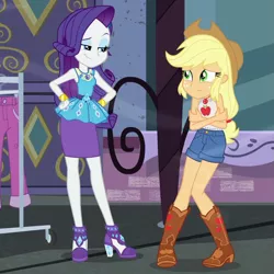 Size: 967x966 | Tagged: safe, derpibooru import, screencap, applejack, rarity, equestria girls, equestria girls series, street chic, spoiler:eqg series (season 2), clothes, cold, cropped, freezing, geode of shielding, geode of super strength, leaves, magical geodes, shivering, sleeveless, smiling, smirk, tanktop