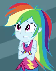 Size: 717x914 | Tagged: safe, derpibooru import, screencap, rainbow dash, equestria girls, equestria girls series, street chic, spoiler:eqg series (season 2), clothes, cold, cropped, cute, dashabetes, freezing, geode of super speed, magical geodes, shivering, sleeveless, solo, tanktop