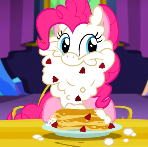 Size: 500x495 | Tagged: safe, derpibooru import, screencap, pinkie pie, earth pony, pony, castle sweet castle, beard, cute, diapinkes, facial hair, female, food, food on face, mare, pancakes, raspberry (food), smiling, solo, sprinkles, tongue out, whipped cream