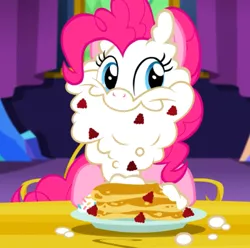 Size: 500x495 | Tagged: safe, derpibooru import, screencap, pinkie pie, earth pony, pony, castle sweet castle, beard, cute, diapinkes, facial hair, female, food, food on face, mare, pancakes, raspberry (food), smiling, solo, sprinkles, tongue out, whipped cream