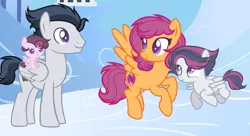 Size: 1024x559 | Tagged: safe, artist:comet-swirls, derpibooru import, rumble, scootaloo, oc, oc:echo (kilala), pony, family, female, male, offspring, parent:rumble, parent:scootaloo, parents:rumbloo, rumbloo, shipping, straight