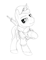 Size: 924x1210 | Tagged: safe, artist:brisineo, derpibooru import, oc, oc:alabaster (fallout equestria: red 36), unofficial characters only, pony, unicorn, fallout equestria, fallout equestria: red 36, bandolier, beret, clothes, fanfic art, gun, hat, male, monochrome, ncr, new canterlot army, new canterlot republic, rifle, simple background, solo, stallion, uniform, weapon