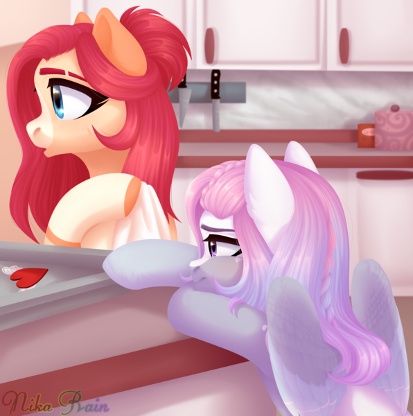 Size: 2982x3000 | Tagged: safe, artist:nika-rain, derpibooru import, oc, oc:keiko, oc:redi, unofficial characters only, pegasus, pony, digital art, female, holiday, lesbian, present, valentine's day