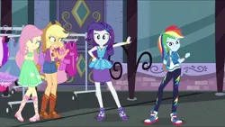 Size: 2560x1440 | Tagged: safe, derpibooru import, screencap, applejack, fluttershy, rainbow dash, rarity, equestria girls, equestria girls series, street chic, spoiler:eqg series (season 2), bare shoulders, clothes, converse, fist, fluttercold, geode of fauna, geode of shielding, geode of super speed, geode of super strength, magical geodes, shoes, sleeveless, sneakers, strapless